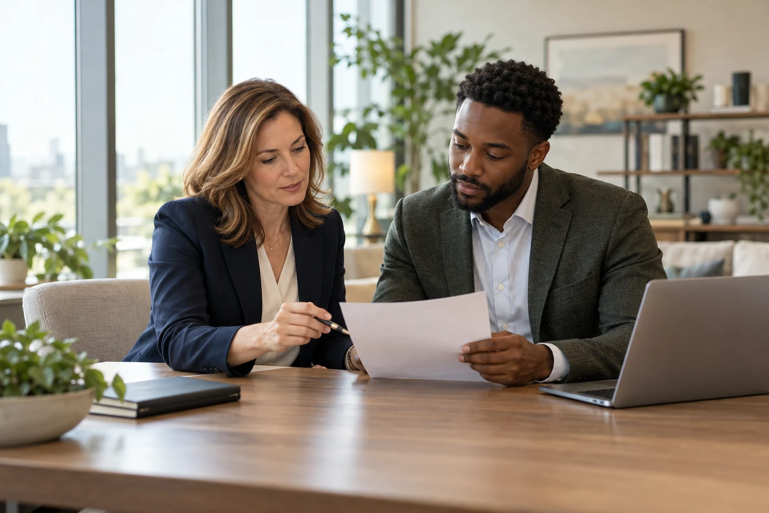 Illustrative finance professionals reviewing documents
