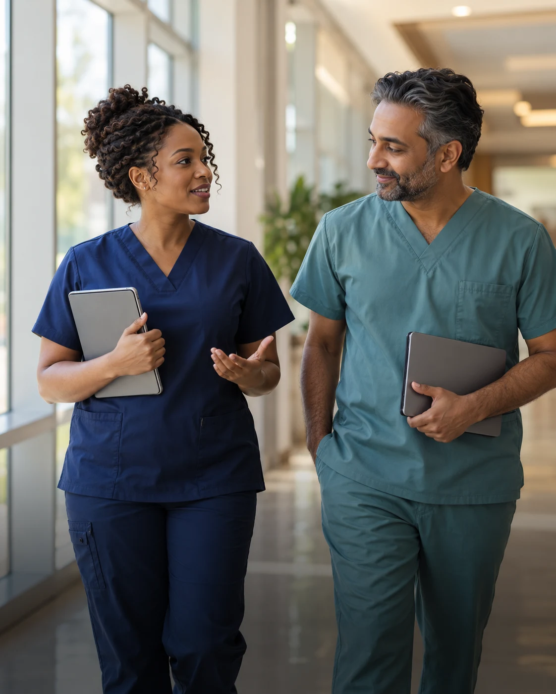 Illustrative healthcare professionals in conversation