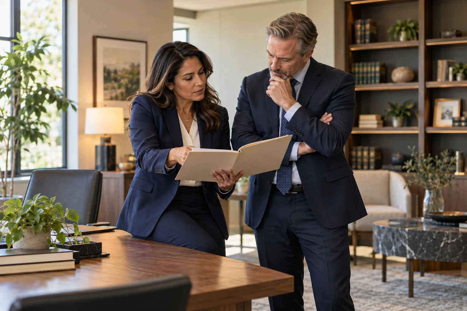 Illustrative legal professionals discussing a case folder